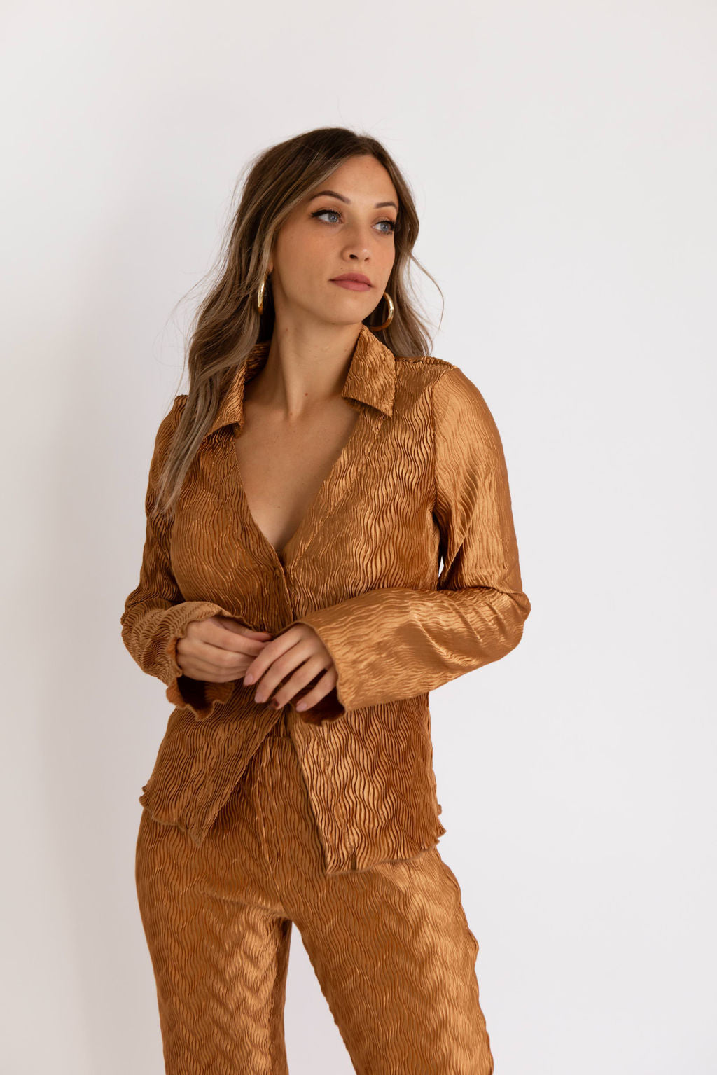 Plisse Metallic Button-Down Shirt